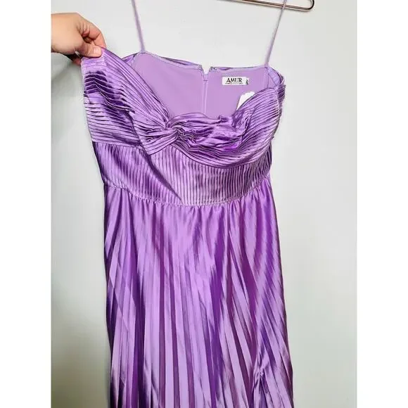 AMUR Purple Satin Sweetheart Neckline A-Line Stef Pleated Gown Dress Size 14 - Picture 14 of 16